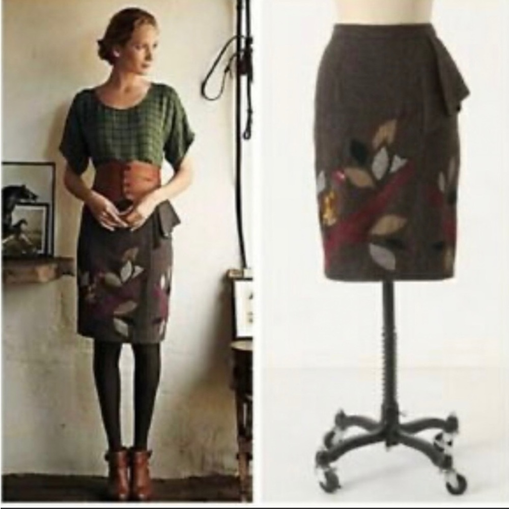 Anthropologie Brown Wool Bird Print "In the Trees Skirt" by Floreat, Size 6